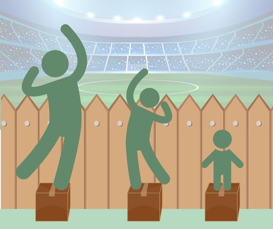 Three people of different heights are all standing on a box so they do not all have a view of the athletic field.