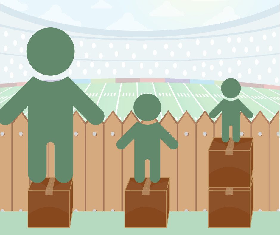Three people of different heights stand on different number of boxes near a fence to see the sports field.
