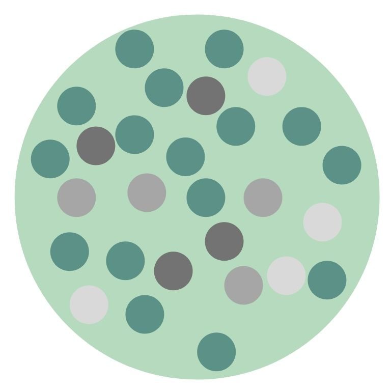 A large circle filled with dots in different colors: green, gray and white, randomly scattered: inclusion