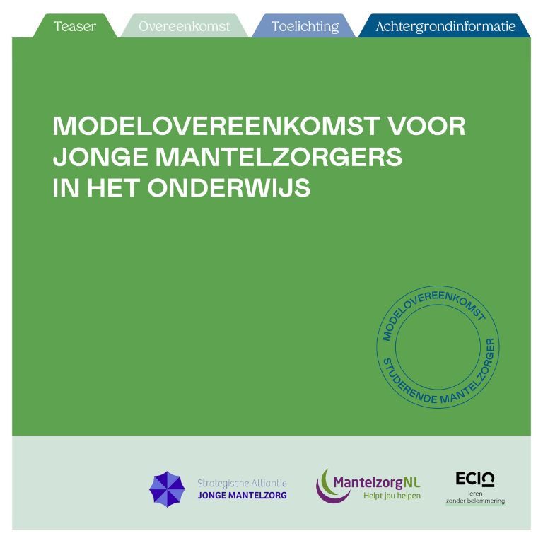 dossier met tabbladen aan de bovenkant: opschrift: Modelovereenkomst voor jonge mantelzorgers in het onderwijs met drie logo's: MantelzorgNL, ECIO en Strategische Alliantie jonge mantelzorgers