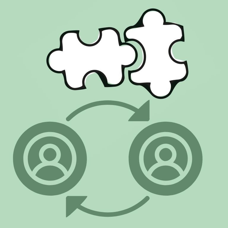two puzzle pieces with two figures below them in a circle connected by a right and a left arrow.