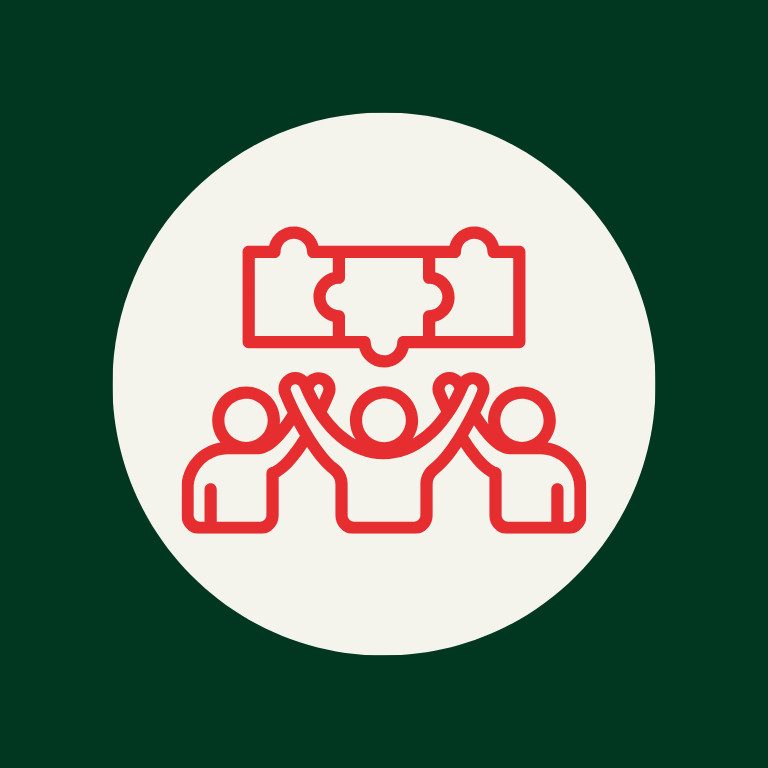 three puzzle pieces together with three figures below them all holding up one arm.