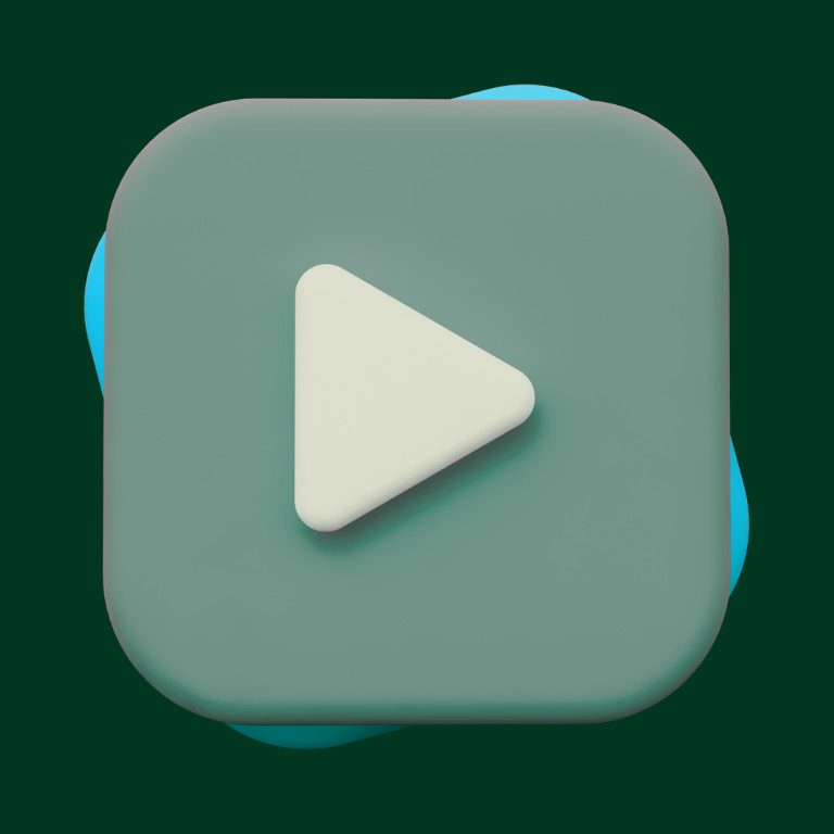 3D icon of a play button: a light gray triangle to the right on a rounded square in shades of gray-green, with a narrow blue background accent to the left, right and above.