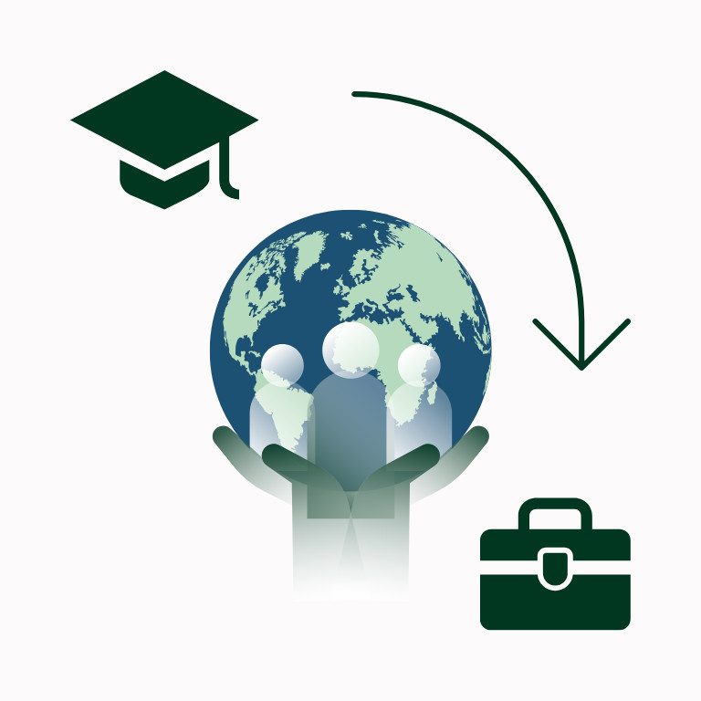 Study cap with an arrow pointing down past a globe to a work bag. The globe is held up with hands.   