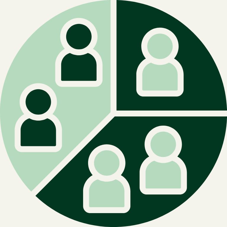 Icon of a pie chart divided into four quadrants, in which each box shows one or more stylized figures of persons. The image symbolizes diversity within groups or different audiences within a whole. The colors are dark green and light green, with contrasting figures to visualize differences and cooperation.
