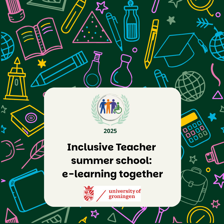 Illustratie voor de “Inclusive Teacher Summer School 2025: e-learning together” van de University of Groningen. In het midden staat een licht vlak met het logo van de summerschool, de tekst “Inclusive Teacher summer school: e-learning together” en het logo van de University of Groningen. Daaromheen staat een donkere achtergrond met kleurrijke lijntekeningen van onderwijs- en studieobjecten, zoals boeken, een wereldbol, rugzak, rekenmachine, pen, geodriehoek en afstudeerhoed.