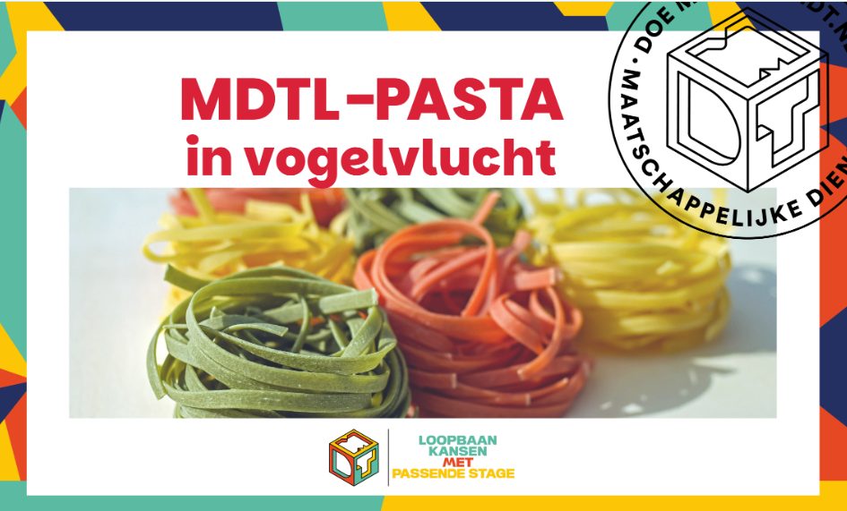 Omslag van het inspiratiemagazine MDTL-PASTA in vogelvlucht, met een foto van gekleurde pasta en het logo van Loopbaan Kansen met Passende Sta